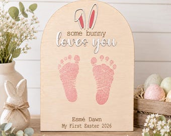 Personalized First Easter Footprint Sign | Some Bunny Loves You | Baby Easter Keepsake | Custom Infant Footprint Plaque | Easter Baby Gift