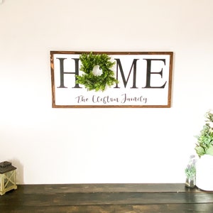 May include: A rectangular wooden sign with the word "HOME" in large black letters, a green wreath, and the text "The Clifton Family" in script. The sign has a white background and a dark brown frame. The sign is hanging on a white wall.