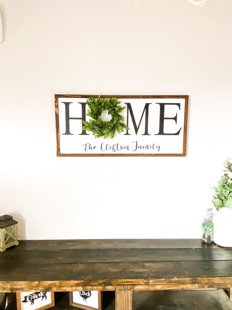 May include: A rectangular wooden sign with the word "HOME" in large black letters, a green wreath, and the text "The Clifton Family" in script. The sign has a white background and a dark brown frame. The sign is hanging on a white wall.