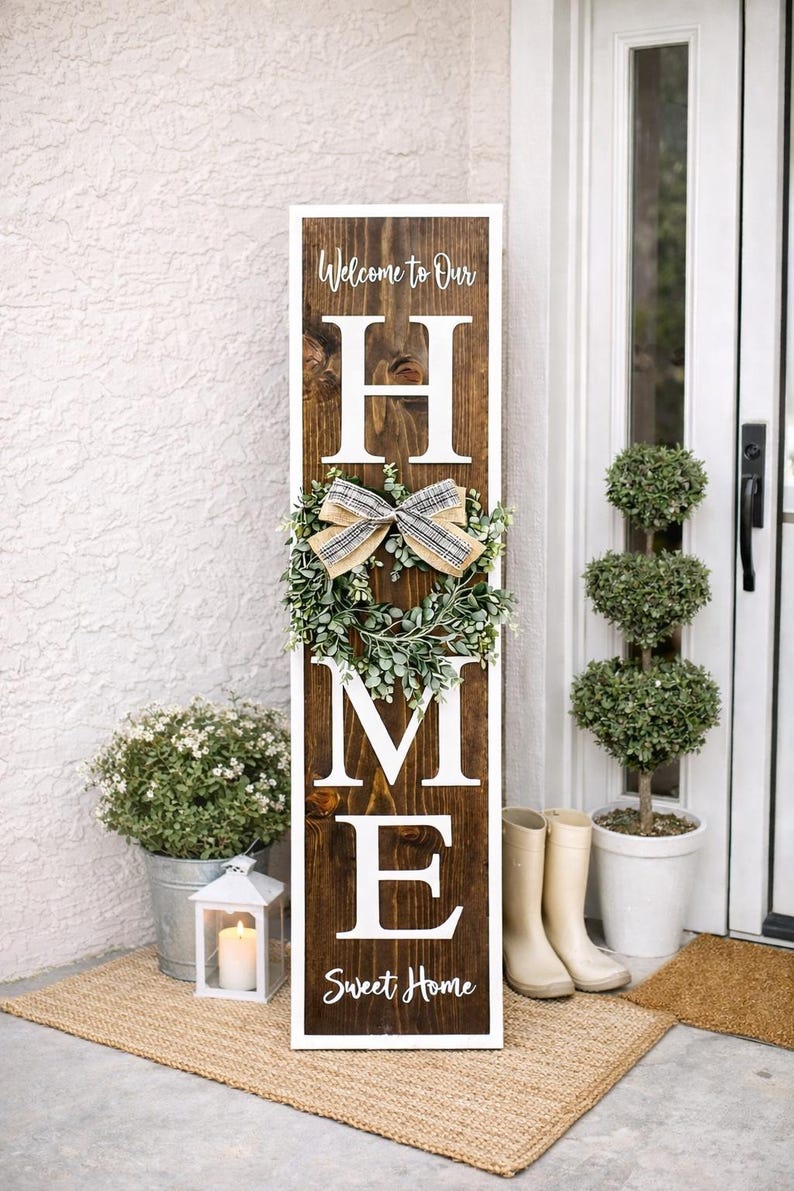 Welcome Home Porch Sign | Vertical HOME Sign with Wreath | Rustic Farmhouse Porch Decor | Front Door Wood Sign | Entryway Decor image 10