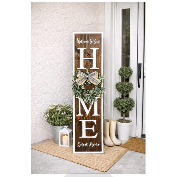 Welcome Home Porch Sign | Vertical HOME Sign with Wreath | Rustic Farmhouse Porch Decor | Front Door Wood Sign | Entryway Decor