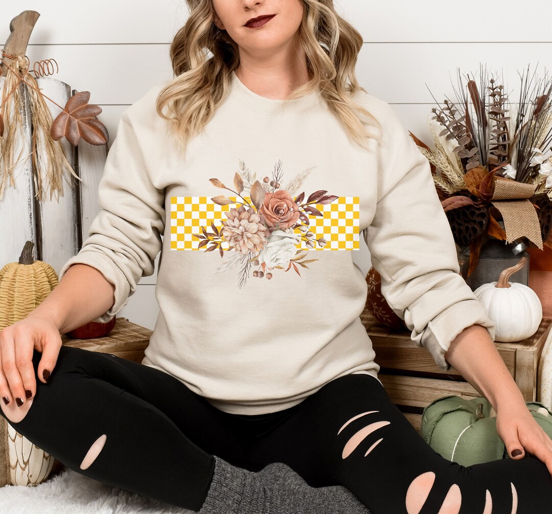 Trendy Cute Checkboard Flowers Fall Sweatshirt - Etsy