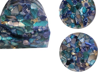 Set of 4 Coasters Blue Color Natural Seashell Chips and Resin Holder, Drink Coaster, Resin Coaster, Seashell, Wedding Birthday, Coaster Set