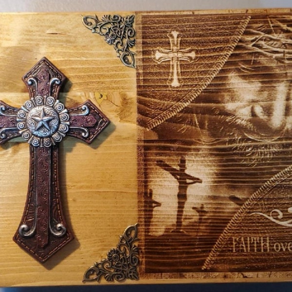 Engraved Jesus Handmade Wooden Bible Box with Brown Cross "Faith Over Fear" Memory Box, Religious Box, Bible Case, Memorial Box, Keepsake