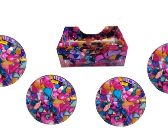 Set of 4 Coasters Multi Color Natural Seashell Chips and Resin Holder, Drink Coaster, Resin Coaster, Seashell, Wedding Birthday, Coaster Set