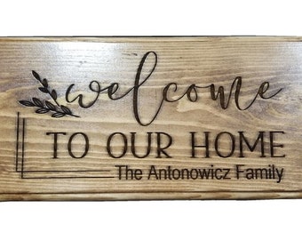 Custom Engraved Wood Family Name Sign, Welcome Home Decor (16x7.5)