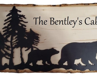 Engraved Live Edge Wood Sign: Momma & Baby Bear, Mountain Scene