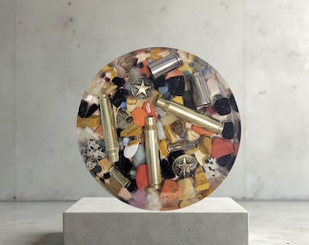 Nature Large Jasper Rocks Drink Coaster, Resin, Genuine Stones, Red Jasper, Yellow Jasper Petrified Wood Obsidian Hematite Brass Cartridge