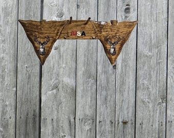 Rustic Wood Crossbow Rack, Wall Mounted Archery Bow Holder, Deer Design