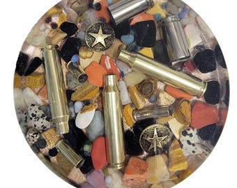 Large Jasper Rocks Coaster Drink Coaster, Resin, Genuine Stones, Red Jasper, Yellow Jasper Petrified Wood Obsidian Hematite Brass Cartridge