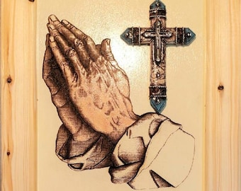 Hand Painted Engraved Praying Hands with 3D Cross" Faith Over Fear" or Your Own Personalization on Picture