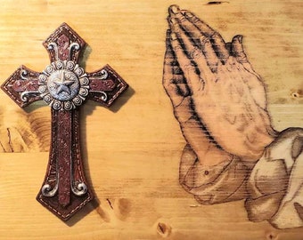 Handmade Engraved Wooden Box, Praying Hands & 3D Cross