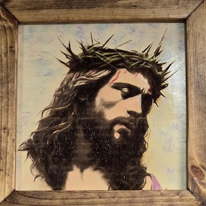 Jesus Crown Of Thorns Art, Jesus Christ Painting, Laser Engraved On Wood Jesus, Jesus Christ Art, Hand Painted Jesus with Crown of Thorns,