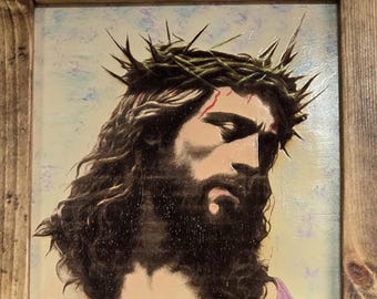 Hand Painted Jesus Crown of Thorns Art, Laser Engraved Wood, Rustic Frame