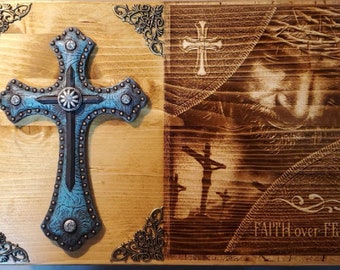 Faith Over Fear Engraved Jesus Handmade Wooden Bible Box with Blue Cross, Memory Box, Religious Box, Bible Case, Memorial Box, Keepsake Box