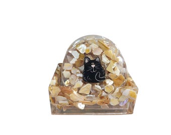 Kitty Cat 4 Coasters Set With Natural Seashell Chips and Resin Holder, One of a Kind, Drink Resin Coaster Set ,Seashell Coasters, Drink