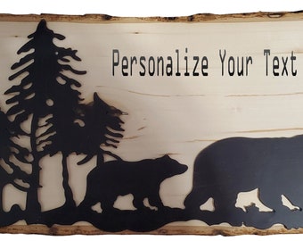 Momma Bear and Baby Bear With Mountains and Trees One of a Kind Live Edge Wood Engraved Name Sign With Metal 18x9