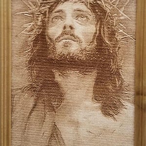 Engraved On Wood Jesus with a crown of thorns 8x10 with Frame Free Shipping