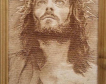 Engraved Wood Jesus Portrait, Crown of Thorns, 8x10 Framed