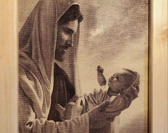 Jesus Holding Baby Wood Engraved Picture, Religious Wall Art
