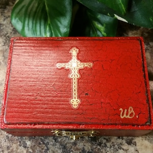 Hand Crafted Wooden Small Box Red Distressed  Cross, Prayer Beads, Rosary, Memory, Jewelry, Tooth fairy box, Baby box, trinket box
