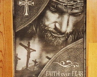 Engraved Picture Of Jesus with Crown of Thorns "Faith Over Pride" 15x18 Framed.