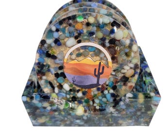 Desert Scene Drink Coasters Set of 4 Multi Color Glass Bead Mix with Resin Holder, Resin Coaster, Glass Beads, One of a Kind, Coaster Set