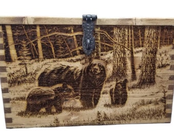 Engraved Wooded  Bear with Cubs Ammo Box, Storage, Shooter's Box, Hunter's Box, Ammo Storage, Box, Wood Box, Handmade, Dovetail Box