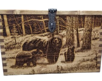 Engraved Wooden Ammo Box, Bear with Cubs, Dovetail Construction