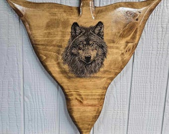Engraved Wolf Wood Arrow Head, Hand Painted Wall Art