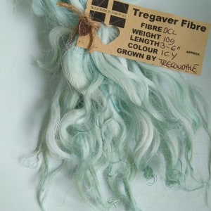 Pode incluir: Um pacote de fibra de alpaca azul gelo, pesando 109 gramas e medindo de 3 a 6 polegadas de comprimento. A fibra é cultivada por Trecondale na Cornualha, Inglaterra.