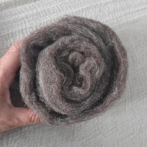 Op de afbeelding: Een opgerold pakket grijze wolvlies, strak opgerold in een spiraal. De wol heeft een zacht, getextureerd uiterlijk, met kleurvariaties van licht- tot donkergrijs. De vezels zijn zichtbaar, wat een natuurlijke, organische uitstraling creëert.