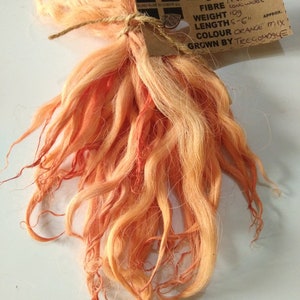 May include: A bundle of orange and white natural fiber, labeled "Tregaver Fibre" with details about the fiber, including weight, length, color, and origin. The label reads "FIBRE", "WEIGHT 10g", "LENGTH 5-6", "COLOUR ORANGE MIX", and "GROWN BY TREGONDALE".