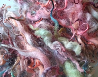 rainbow curly wool loose fibre, white faced dartmoor lamb, hand processed and dyed,  ethically farmed, hair, dolls, felting, fibre arts,