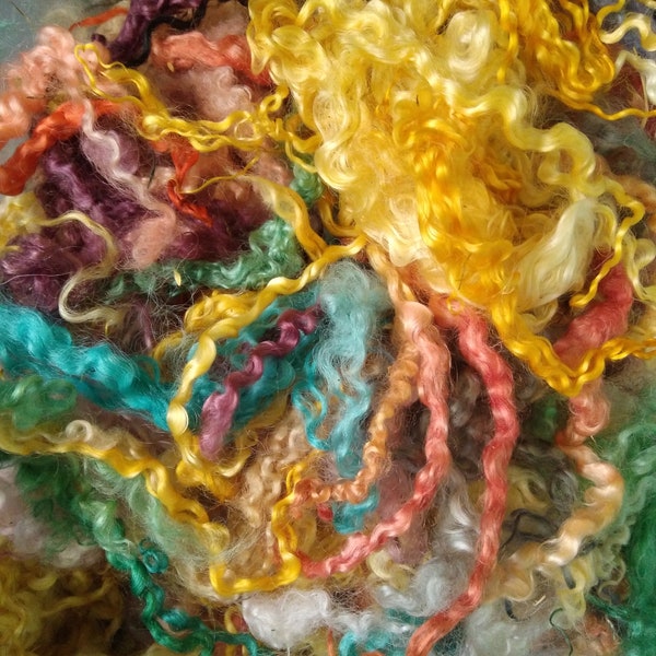 Rainbow mix curly wool, 6 breeds of curly wool sheep, 100% hand processed & dyed, crafting projects, felting, doll hair, fibre arts, 50g