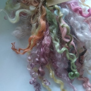 May include: A bundle of colorful wool roving in shades of pink, green, yellow, and orange. The wool is curly and soft, and it is perfect for spinning or felting. The label reads "Length: mix, Colour: mix, Grown by: mix".