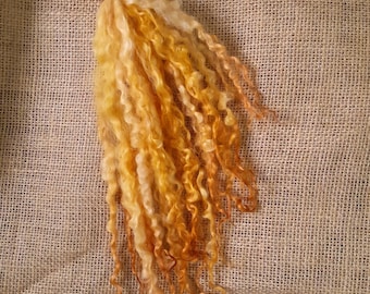 Sunny Orange and Yellow curly wool Masham locks, hand dyed, 9-12" , 10g doll hair, fibre art, felting, fiber, hair