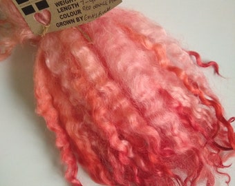 Red orange pink curly wool locks, hand dyed, masham, 7-9"   doll hair felting, spinning, Combined shipping on all items pay one fee only