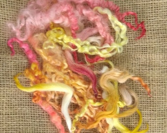 Sunset Mix, mixed breeds curly wool, 10g or 20g.  100% hand processed & dyed, crafting projects, felting.  Many sunny shades