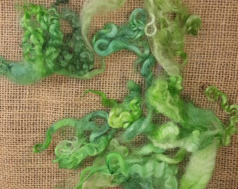 Jasna i jasnozielona mieszanka kręconych wełny, różne rasy owiec, 100% ręcznie przetwarzane i farbowane, filcowanie, włosy dla lalek, sztuka włókiennicza