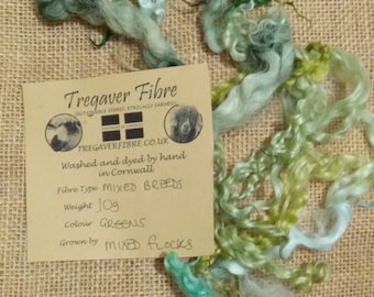 May include: A small bundle of green, blue, and white wool roving. The wool is labeled "Tregaver Fibre" and is described as "Washed and dyed by hand in Cornwall." The label also states that the wool is "Mixed Breeds", weighs 10g, is "Greens" in color, and is "Grown by Mixed Flocks".