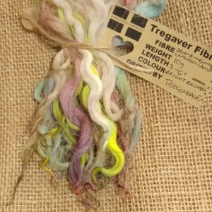 May include: A bundle of colorful wool fiber, hand-dyed in a rainbow of colors. The fiber is tied with twine and labeled "Tregaver Fibre" with details about the fiber, including weight (10g), length (36 inches), and color (bright rainbow). The label also states that the fiber is grown by Tregondale.