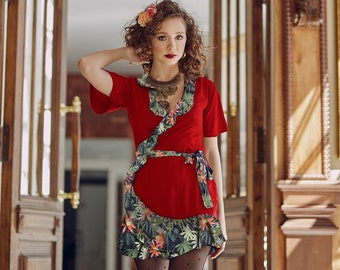 Mini Wrap Dress, Slavic Traditional Red Ruffle Boutique Dress, with Short Sleeves, Bohemian Summer Dress, Floral Dress