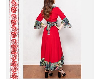 Jupe portefeuille longue florale, jupe Maxi Boho rouge traditionnelle folklorique, jupe à imprimé fleuri, jupe longueur au sol, jupe longue