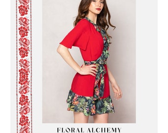 Vestido envolvente, vestido de boutique con volantes rojos tradicionales eslavos, con mangas cortas, vestido de verano bohemio, vestido floral