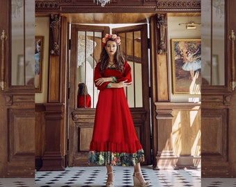 Red Floral Maxi Dress with Sleeves, Cotton Long Dress, Cotton Autumn Casual Dress, Boho Cotton dress, Loose Cotton Dress, Fall dress, A-line