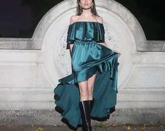 green emerald velvet dress Plus Size Bardot Ruched Detail Midi Dress in Green