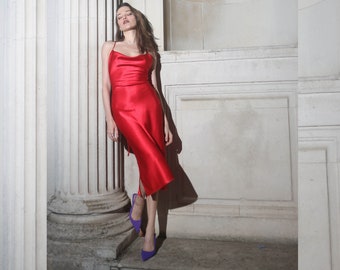 Leiva Lux Red Silk Slip Dress with Cowl Neck | Satin Midi Slip Dress| Bias Cut Dress | Backless Satin Dress| Lace Up Camisole Bridesmaid