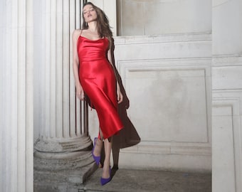 knee length dresses for ladies Red Satin Cowl Neck Midi Dress