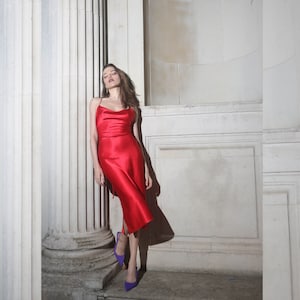 Leiva Lux Red Silk Slip Dress with Cowl Neck | Satin Midi Slip Dress| Bias Cut Dress | Backless Satin Dress| Lace Up Camisole Bridesmaid